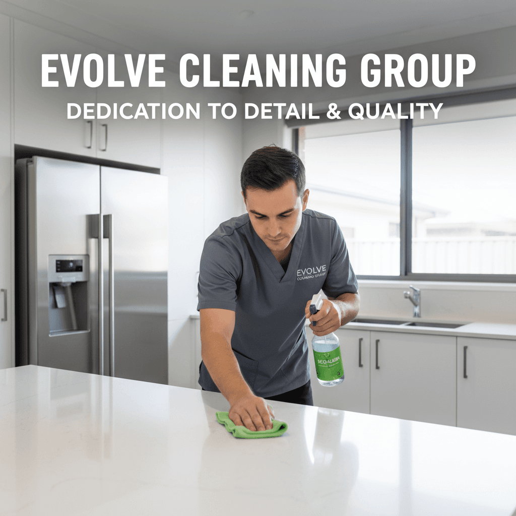 Cleaner meticulously cleaning a modern kitchen countertop in bright light